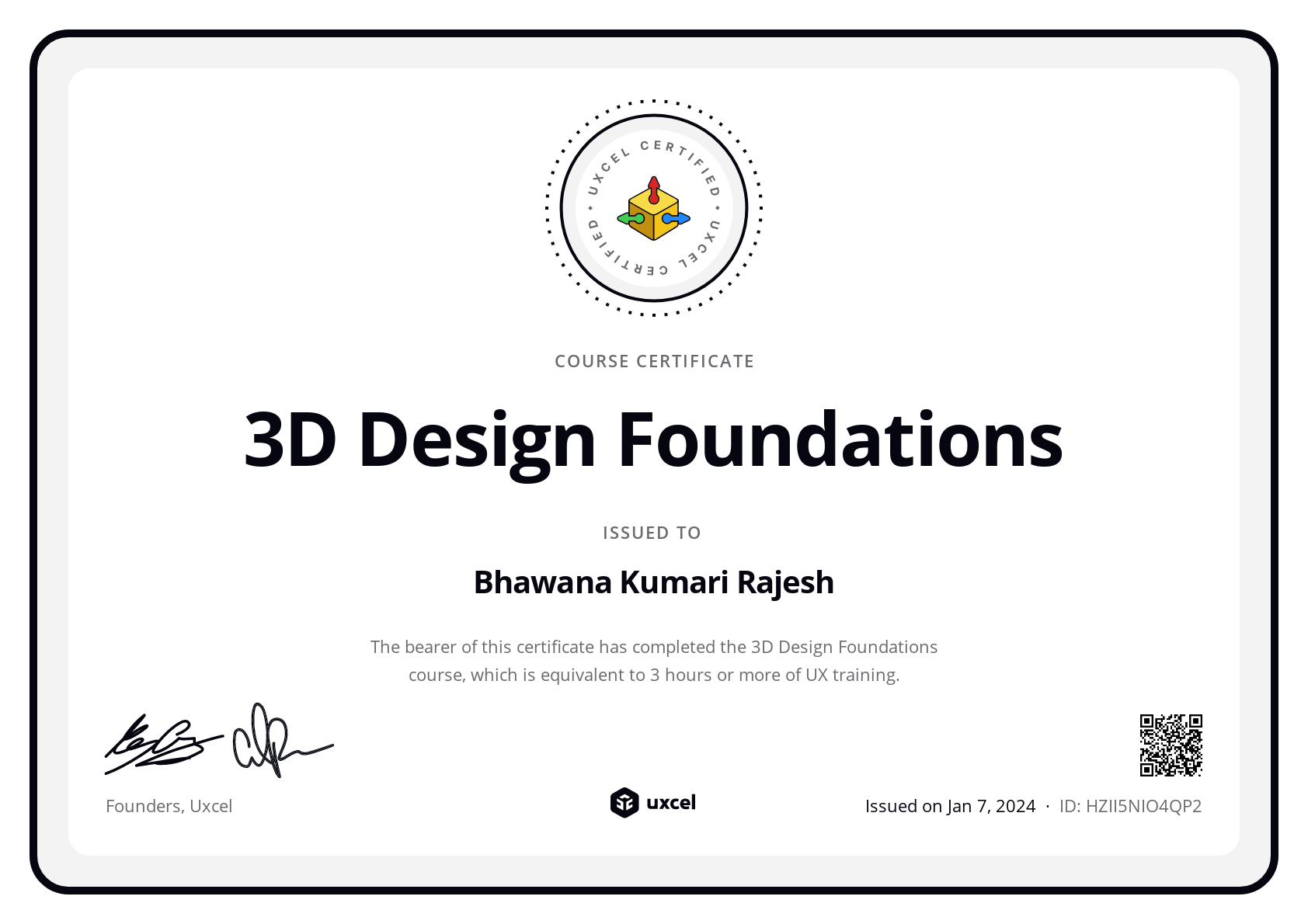 Bhawana Kumari Rajesh's certificate
